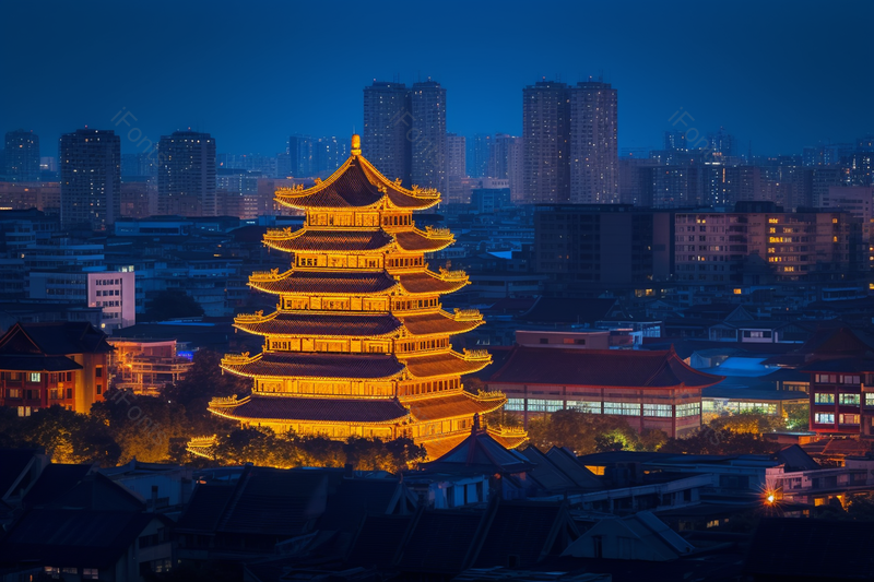 夜景古色古香的高塔建筑物实拍摄影图,高清,摄影图,摄影图片,图片大全,摄影图免费下载